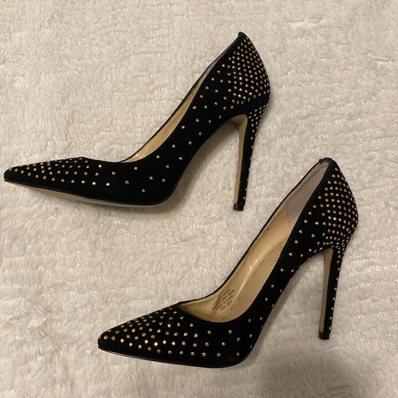 Enzo Angiolini Black Velvet Gold Studded Stilettos - Picture 2 of 9